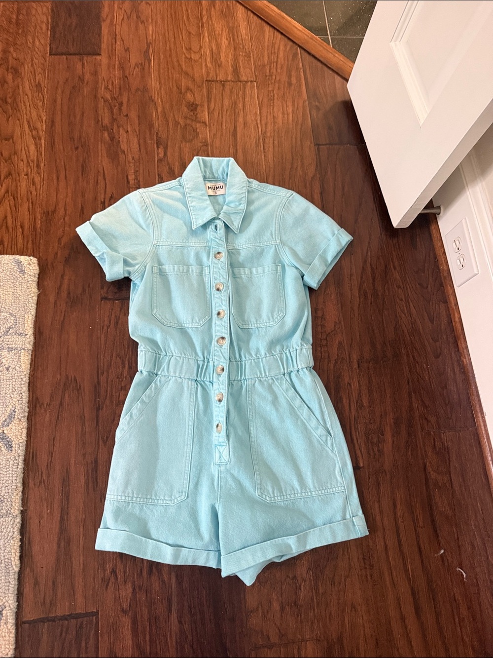 Show Me Your MuMu Light Blue Denim Short Sleeve Romper small